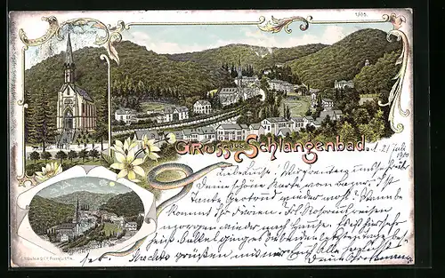 Lithographie Schlangenbad, Teilansicht, Neue Kirche, Ortspartie bei Mondschein