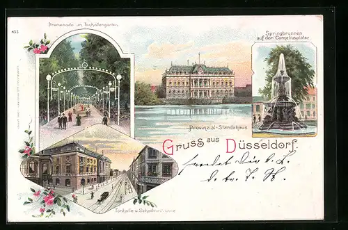 Lithographie Düsseldorf, Provinzial-Ständehaus, Tonhalle und Schadowstrasse, Promenade im Tonhallengarten