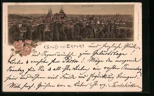 Lithographie Erfurt, Teilansicht mit Kirche