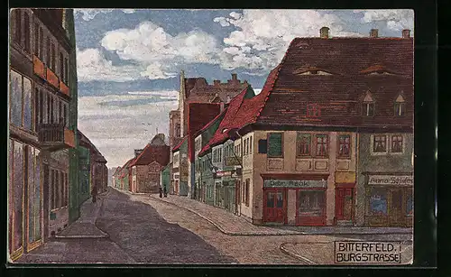 Künstler-AK Bitterfeld, Burgstrasse mit Geschäften
