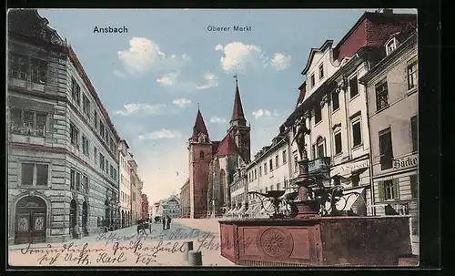 AK Ansbach, Oberer Markt mit Geschäften und Brunnen