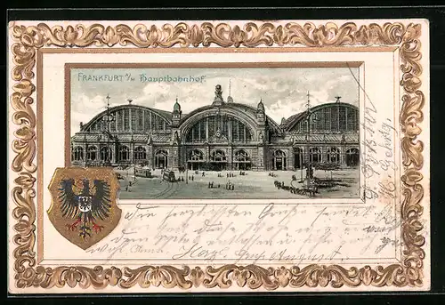 Passepartout-Lithographie Frankfurt a. M. Hauptbahnhof, Wappen