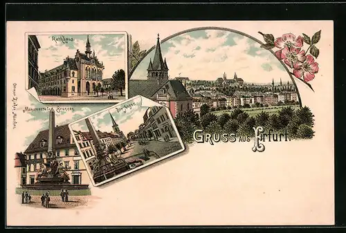 Lithographie Erfurt, Rathaus, Monumental-Brunnen, Der Anger