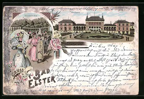 Lithographie Bad Elster, Kurhaus, Wandelbahn