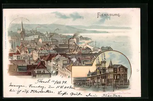 Lithographie Flensburg, Ortsansicht mit Dampfschiffs-Pavillon