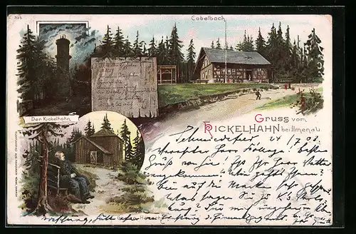 Lithographie Ilmenau, Kickelhahn, Goethe-Häuschen und Gabelbach