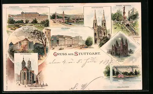 Lithographie Stuttgart, Technische Hochschule, Schillerdenkmal, Königsbau