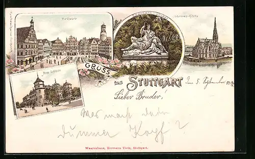Lithographie Stuttgart, Marktplatz, Altes Schloss, Johannes-Kirche