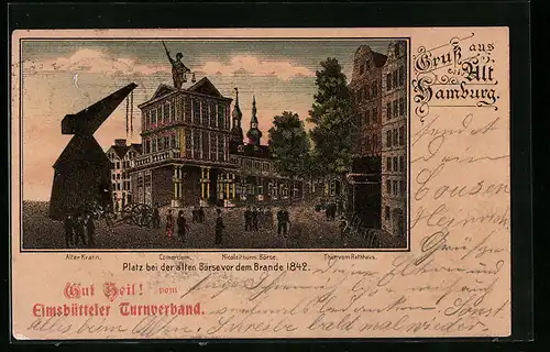 Lithographie Hamburg, Platz bei der alten Börse vor dem Brande 1842