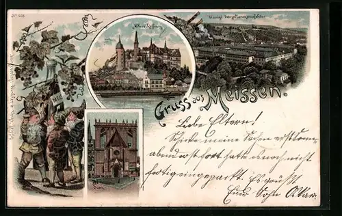 Lithographie Meissen, Dom, Albrechtsburg, Zwerge, Porzellanmanufaktur