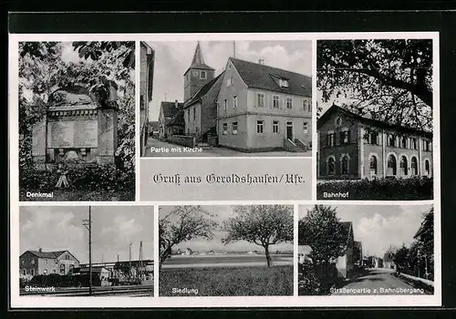 AK Geroldshausen, Bahnhof, Denkmal, Steinwerk