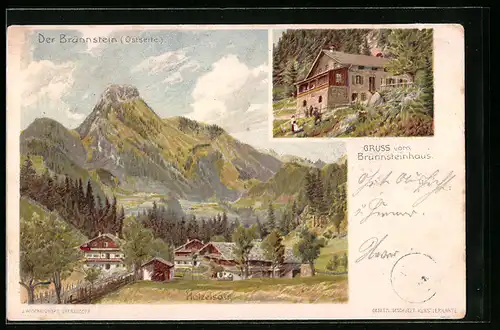 Lithographie Oberaudorf-Hölzelsau, Ortsansicht mit Brünnsteinhaus