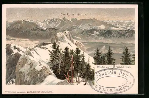 Lithographie Brünnstein, Kaisergebirge mit Schnee