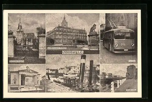 AK Oldenburg i. O., Trollibus, Landesmuseum, Schloss