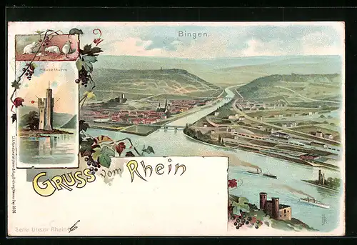 Lithographie Bingen / Rhein, Ortsansicht und Mäuselthurm