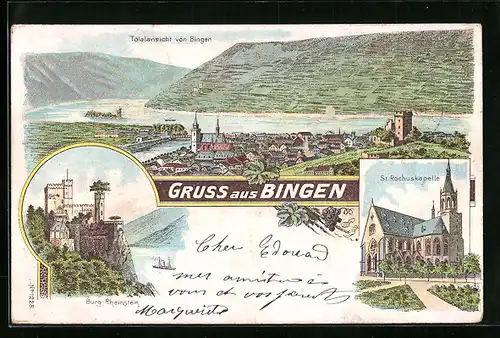 Lithographie Bingen, St. Rochuskapelle, Burg Rheinstein