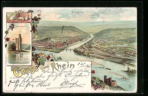 Lithographie Bingen / Rhein, Ortsansicht & Mäuselthurm