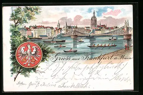 Lithographie Frankfurt a. Main, Fluss mit Ruderbooten