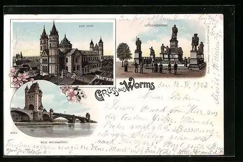 Lithographie Worms, Lutherdenkmal, Dom, Rheinbrücke