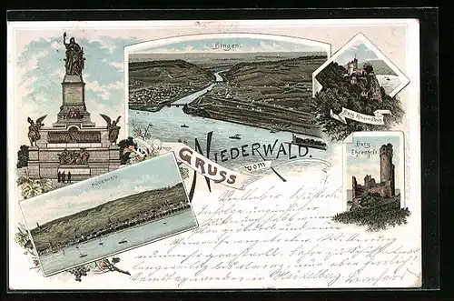 Lithographie Bingen, Niederwald, Rüdesheim, Burg Rheinstein