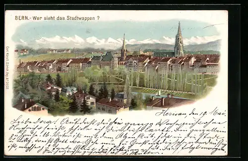 Lithographie Bern, Teilansicht mit Stadtwappen, optische Täuschung