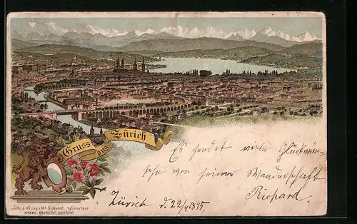 Vorläufer-Lithographie Zürich, Gesamtansicht aus der Vogelschau, 1895