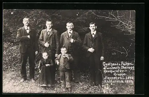 AK Oberegg, Gasthaus z. Falken, Geschwister-Gruppe, Seppetoni 1868, Katharina 1869