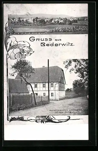 AK Bederwitz, Ortsansicht mit Materialwaren & Schankwirtschaft von verw. Benade