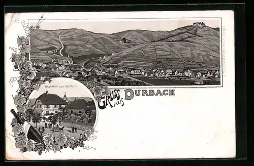 Lithographie Durbach, Ortsansicht mit Weinbergen und Gasthaus zum Ritter