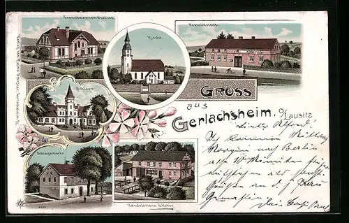 Lithographie Gerlachsheim /O. Lausitz, Kirche, Grenzbeamten-Station, Schloss
