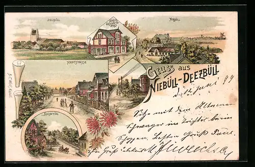 Lithographie Niebüll-Deezbüll, Blaases Geschäftshaus, Hauptstrasse, Koogsreihe