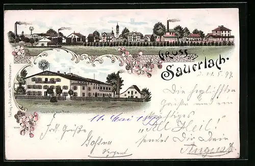 Lithographie Sauerlach, Ortsansicht mit Gasthof zur Post