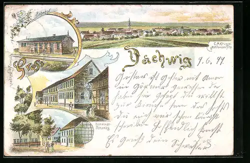 Lithographie Dachwig, Ortsansicht, Bahnhof, Gemeinde-Schenke