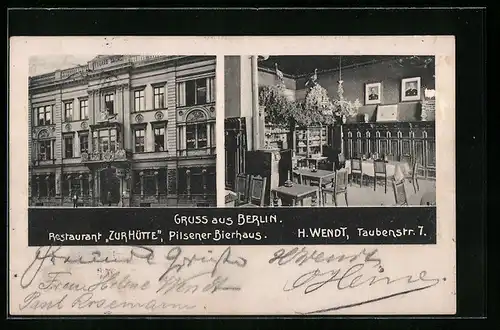 AK Berlin, Restaurant Zur Hütte, Inh.: H. Wendt, Taubenstrasse 7