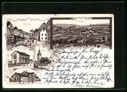 Lithographie Buchen, Ortsansicht, Marktplatz, Kaiserliches Postamt, Bahnhof