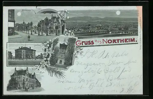 Mondschein-Lithographie Northeim, Gesamtansicht, Marktplatz, Seminar, Post