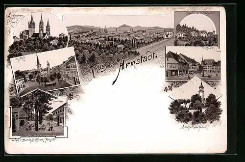 Lithographie Arnstadt, Ortsansicht, Liebfrauen-Kirche, Eremitage, Hohe Bleiche mit Villa Marlitt