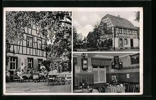 AK Durlach, Gasthaus Zum Thomashof, Gebäudeansichten mit Strasse und Garten, Innenansicht