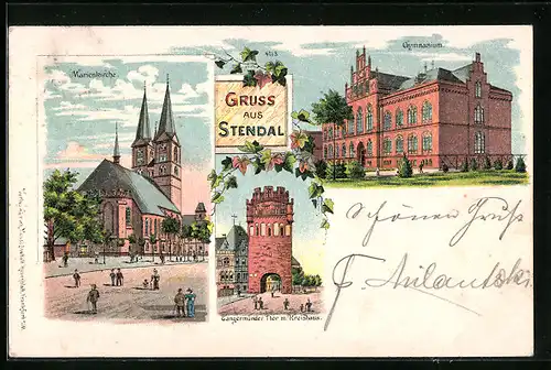 Lithographie Stendal, Gymnasium, Marienkirche, Tangermünder Thor mit Kreishaus