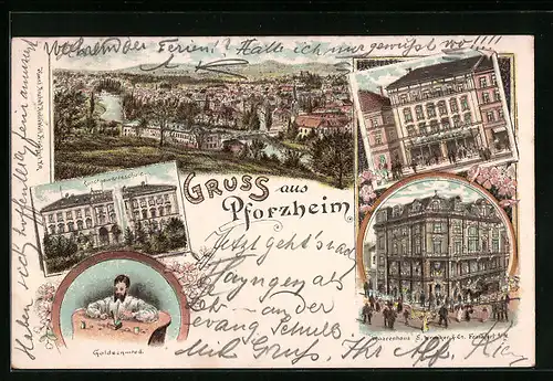 Lithographie Pforzheim, Ortsansicht, Kunstgewerbeschule, Waarenhaus Wronker, Goldschmied