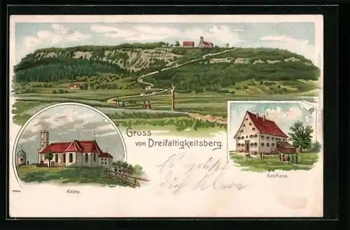 Lithographie Dreifaltigkeitsberg, Gesamtansicht, Kirche und Gasthaus