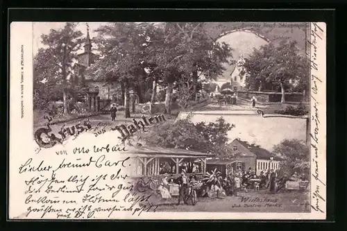 Künstler-AK Berlin-Dahlem, Scloss, Kirche, Gasthaus Marks mit Gästen