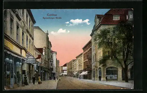 AK Cottbus, Spremberger Strasse mit Geschäften
