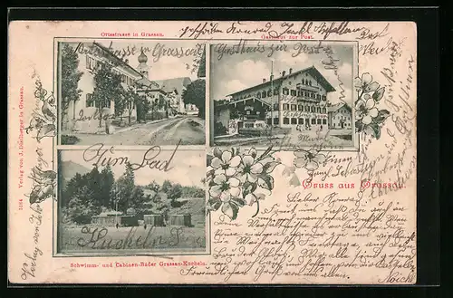 AK Grassau, Gasthaus zur Post, Schwimm- und Cabinen-Bäder Grassau-Kucheln, Orstsstrasse