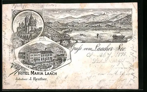 Lithographie Maria Laach, Hotel Maria Laach, Klosterkirche, Panorama