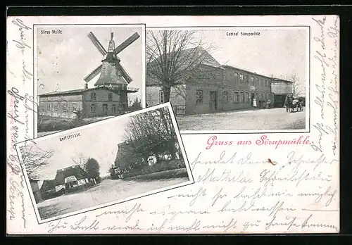 AK Sörup, Gasthof Sörupmühle, Dorfstrasse, Windmühle