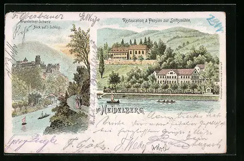 Lithographie Heidelberg, Restauration & Pension zur Stiftsmühle, Blick auf`s Schloss i. d. Neuenheimer Schweiz