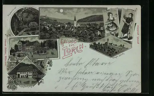 Lithographie Lorch, Gasthof zur Harmonie, Schillerhaus, Kloster Lorch