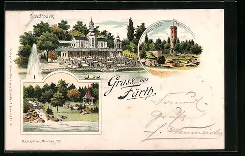 Lithographie Fürth, Gasthaus am Stadtpark, Alte Veste, Wasserfall