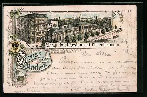 Lithographie Aachen, Hotel-Restaurant Elisenbrunnen von J. Küppers